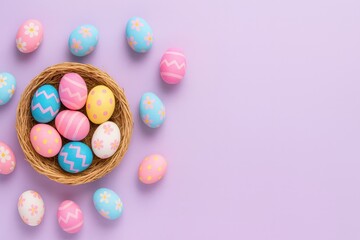 Flat lay Easter background with decorated eggs in wicker basket on bright purple surface, festive spring design for commercial use, easter mockup, seasonal content, editorial use, digital, socials.