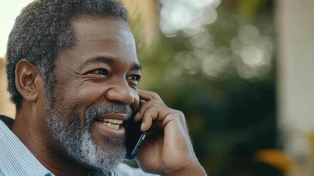 Grey-bearded man in casual shirt conversing on cellphone in outdoor setting with a smile.
