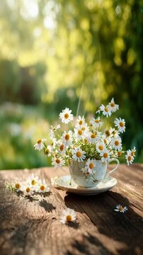 Fr&uuml;hlings-Chamomilebl&uuml;ten in Teetasse im Garten