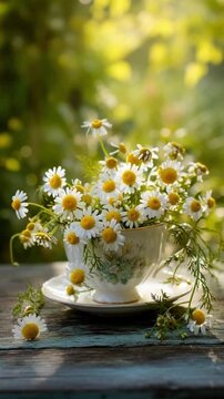 Fr&uuml;hlings-Chamomilebl&uuml;ten in Teetasse im Garten