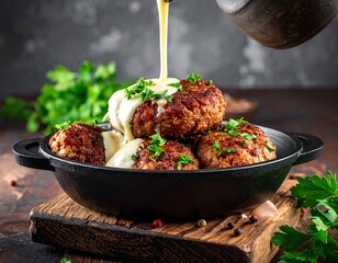 Juicy meatballs in a black pan on wood, drizzled with cheese sauce, and garnished with parsley against a dark backdrop