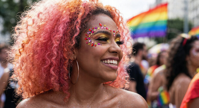 Mulher jovem sorrindo no bloco de carnaval no brasil. Maquigem de carnaval