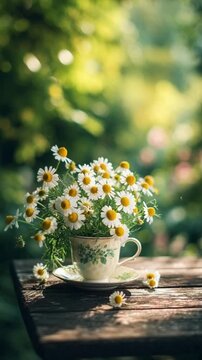 Fr&uuml;hlings-Chamomilebl&uuml;ten in Teetasse im Garten
