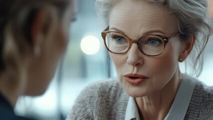Portrait of a professional woman in glasses, engaged in conversation, in an office setting. Emphasis on business attire and expression.