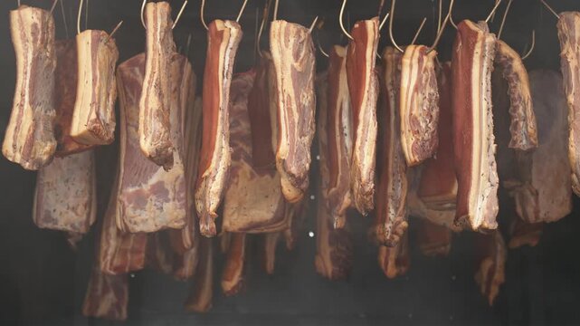 Homemade Bacon in Smoke, Traditional Pork Curing Process