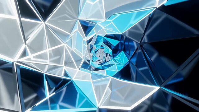Abstract blue crystalline tunnel of geometric prisms and reflections.