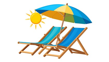Illustration of two beach chairs and an umbrella under a cartoon sun on a white background