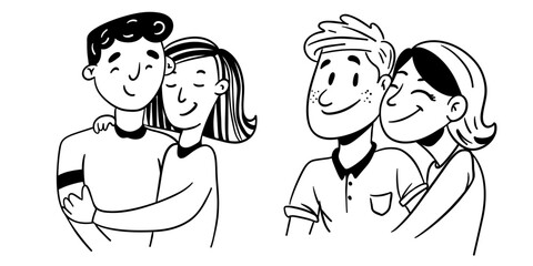 Hand-drawn black and white illustration of two loving couples in a funny, playful style. Minimalist monochrome artwork with expressive romantic characters, perfect for Valentine&rsquo;s Day designs