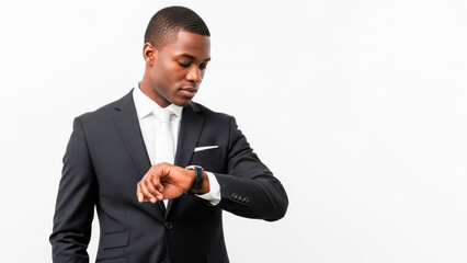 African American businessman in suit checking time on watch isolated