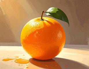Juicy, sunlit orange with a glossy leaf, rests on a light surface, casting a soft shadow; artistic rendering