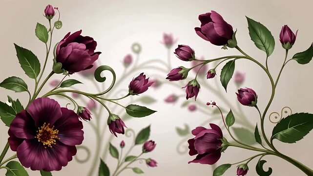 Elegant purple flowers with winding vines for decorative background.