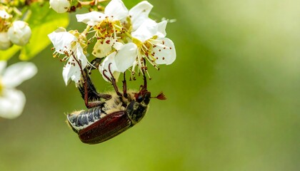 Maybug clinging to white blossoms, upside down with green blurred background in a bright day's light