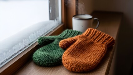 Cozy mittens in green and orange on windowsill with steaming cup  