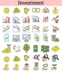 お金、株価、ローソク足、仮想通貨、石油、ゴールド（金）、不動産、為替（FX）、配当金など、投資や資産運用に関するアイコンセット（カラー）