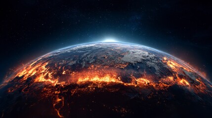 Earth vista from space, illuminated with a burning crust and glowing atmosphere, with the celestial stars in the background