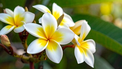 Obraz premium Frangipani blossoms with white petals and vibrant yellow centers bloom against a lush green backdrop in soft sunlight