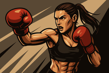 Determined Female Boxer. Strong female boxer in action, wearing red boxing gloves, intense expression, sharp lighting highlighting