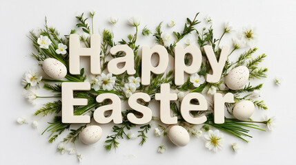 Decorative composition featuring Easter eggs and flowers with a 'Happy Easter' message. Ideal for festive greetings and spring themes.