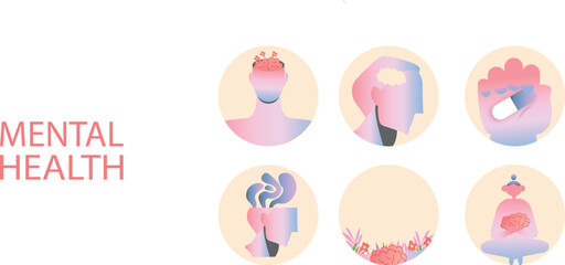 Fototapeta premium Mental health concept illustration set with abstract people, brain symbols and soft pastel gradients. Modern backgrounds for psychology, wellness, healthcare, self care and emotional balance projects.