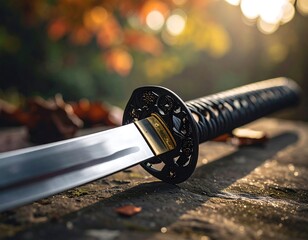 Katana sword lies on a stone, blurred autumn foliage in the background, lit by sunlight