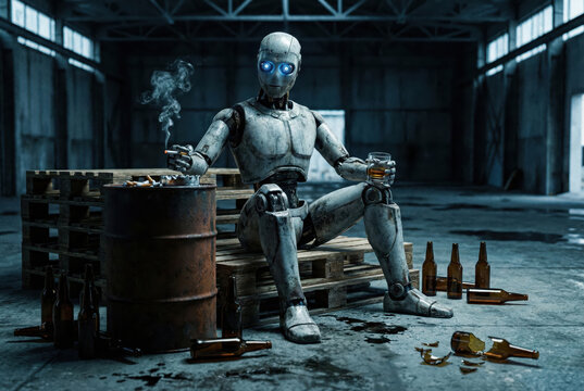 AI robot sitting alone in a dark warehouse, holding a cigarette and a glass, burned out by repetitive, trivial human requests, experiencing an existential crisis