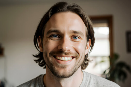 Happy male person face home portrait. Blue eyes look at camera close up. Joyful bristle surfer man long hair. Smiling shy guy. Kind people portraits. Young adult hippie inside house. Hipster hairstyle