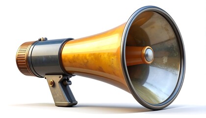 Illustrative shiny yellow megaphone with black handle and trigger against a white backdrop and subtle shadows