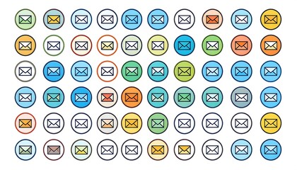 Grid of assorted envelope icons within colorful circles, simple vector design with thin lines and many colors