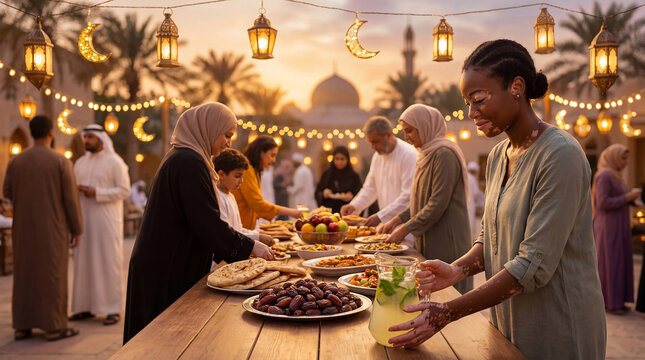 Diverse muslim community sharing an iftar buffet during a Ramadan celebration