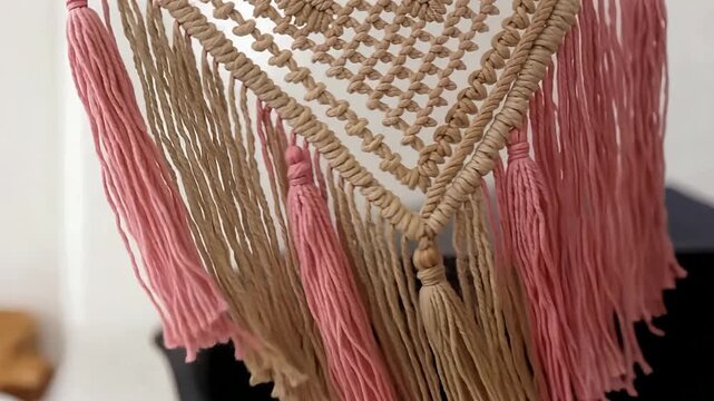 Macrame fringe wall hanging textile close up video.