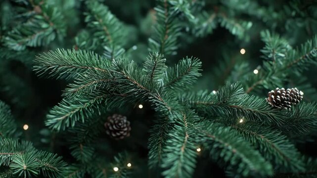 A close-up of a small evergreen branch decorated with lit Christmas lights and brown pine cones, suggesting the warmth and joy of holiday celebrations.
