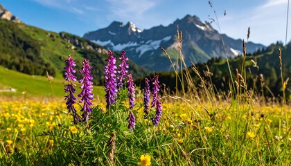 Meadow of purple flowers, tall grass, and yellow blooms, with mountains, green hills, and a blue sky in the background