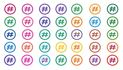 Grid of circles, each containing a hashtag symbol, with the circles gradient-colored