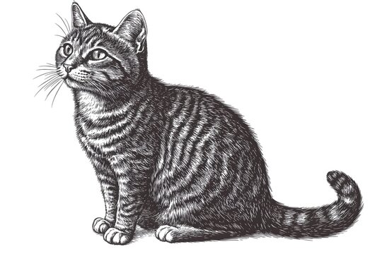 Cute cat sitting woodcut engraving black and white isolated on white background Illustration