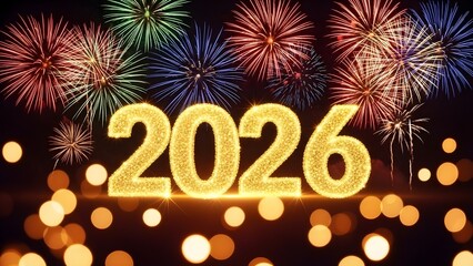 Vibrant fireworks celebrate the new year 2026 with sparkling gold numbers