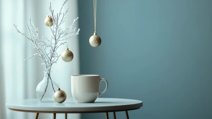 A festive holiday table with Christmas ornaments and a cup of coffee.