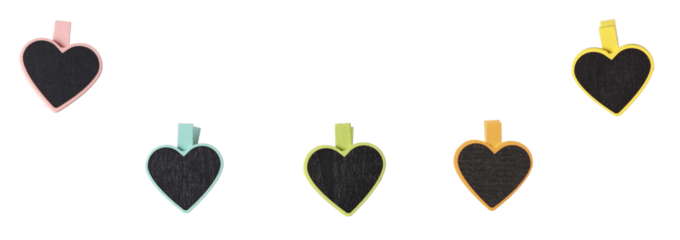 five blank colorful heart shape paper clips isolated on white background, valentines day advertisement