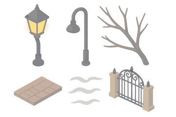 Twilight Street Elements. Isometric vector illustration set of Twilight Street Elements: soft yellow lamp, curved road post,