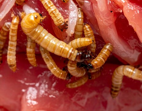 Mealworms crawl over raw, pink flesh. Close-up shows segmented bodies and black heads of the worms feeding on tissue