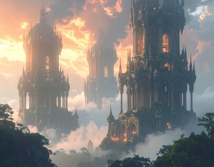 Ornate spired towers pierce dreamy clouds, softly lit by a radiant sunset over lush, green terrain
