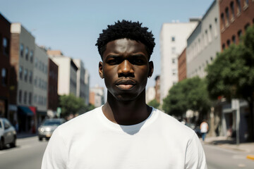 Fototapeta premium Face, confident and city with an edgy black man outdoor in an urban town for fashion or street style. Portrait, cityscape and lifestyle with a young African American male outside on a summer day
