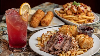 Drink - Pomegranate lemonade Appetizer - Mozzarella sticks Main course - Penne pasta with sliced prime rib Side - Fries Dessert - Apple fritter