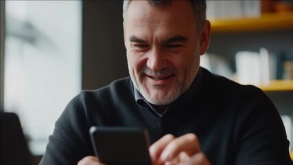 A middle-aged man with a beard looking at his cell phone and smiling, enjoying the interaction or content on the screen.