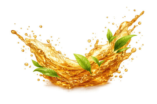 Refreshing tea splash creating dynamic liquid shape with green leaves, flying drops on transparent background