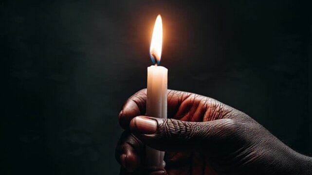Powerful cinematic shot of a hand with a candle, Black History Month, juneteenth theme of light and resilience, ideal for social media reels, tributes, and historical remembrance.