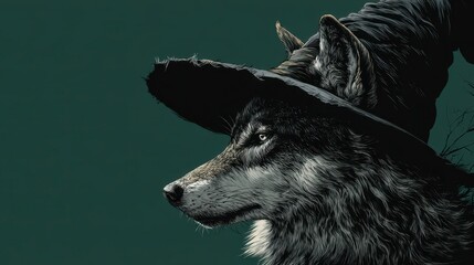 Profile portrait of a wolf wearing a black witch hat on a solid emerald green background, right side