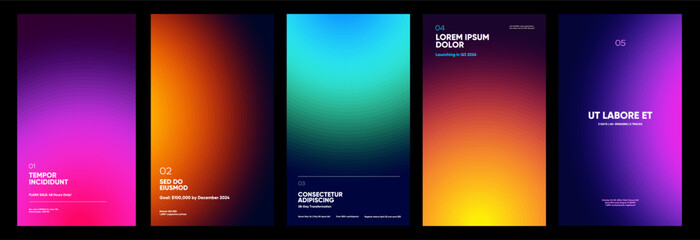 Naklejka na ściany i meble A set of five vibrant gradient posters, each featuring bold typography and event details. The designs range from pink and purple to orange and blue hues, creating a dynamic and modern aesthetic