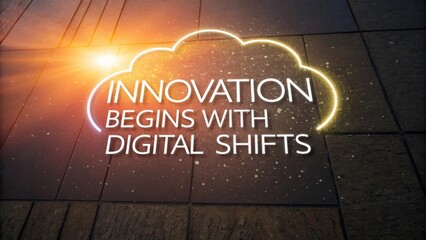 Glowing cloud icon with text overlay indicating digital innovation