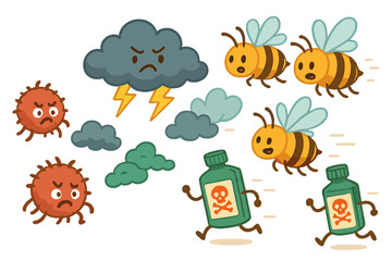 Fototapeta premium Bees Defeat Threats. Threats to bees illustrated as playful cartoon mites, storm clouds, and pesticide bottles being chased away