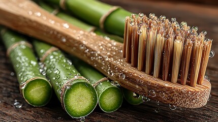 Macro bamboo toothbrush showing fresh water droplets high resolution picture